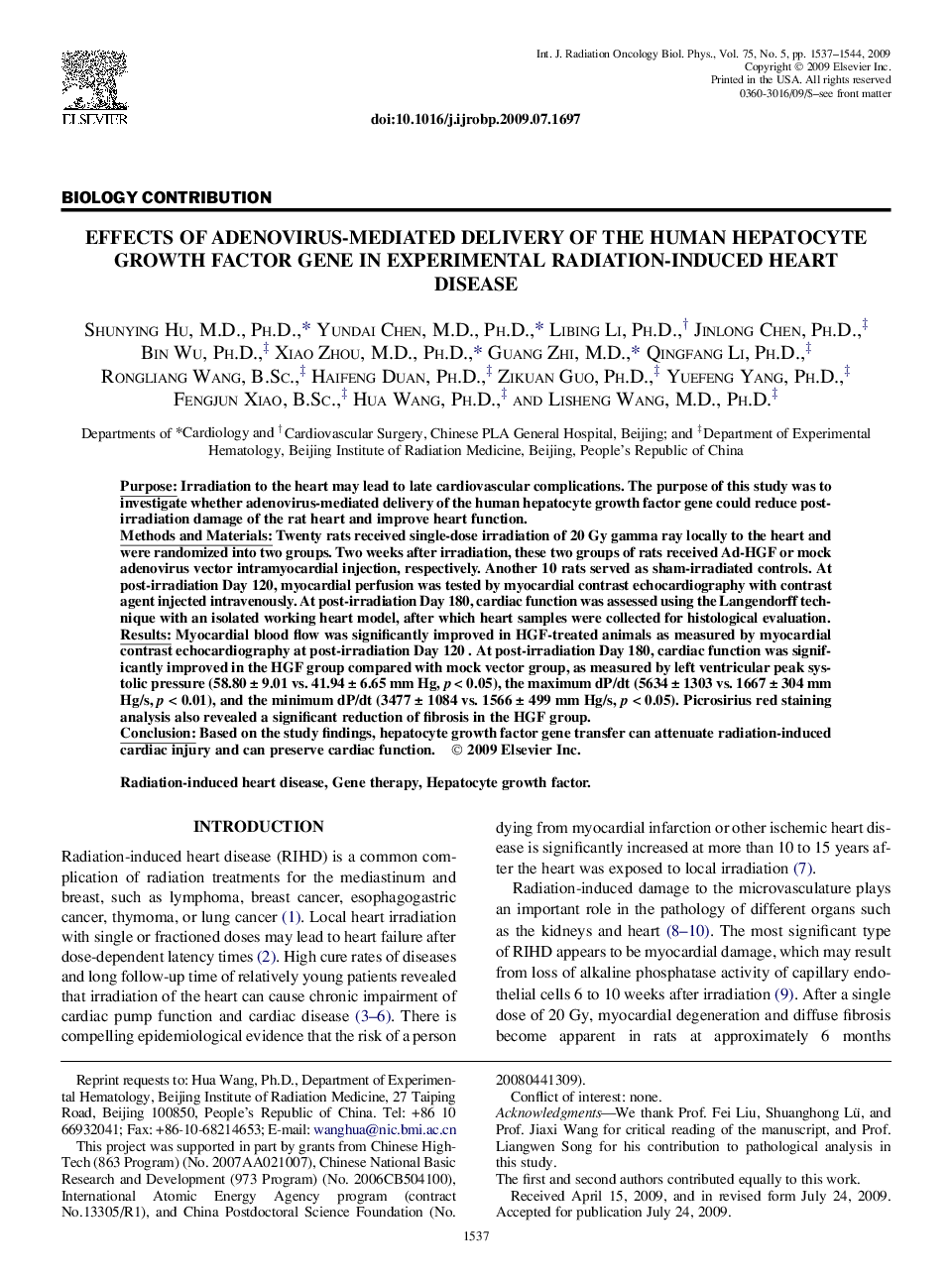 Effects of Adenovirus-Mediated Delivery of the Human Hepatocyte Growth Factor Gene in Experimental Radiation-Induced Heart Disease