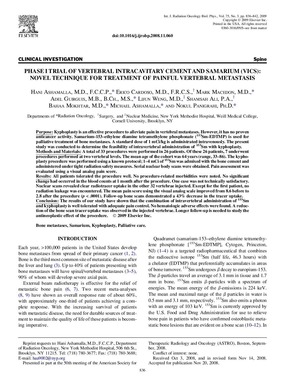 Phase I Trial of Vertebral Intracavitary Cement and Samarium (VICS): Novel Technique for Treatment of Painful Vertebral Metastasis