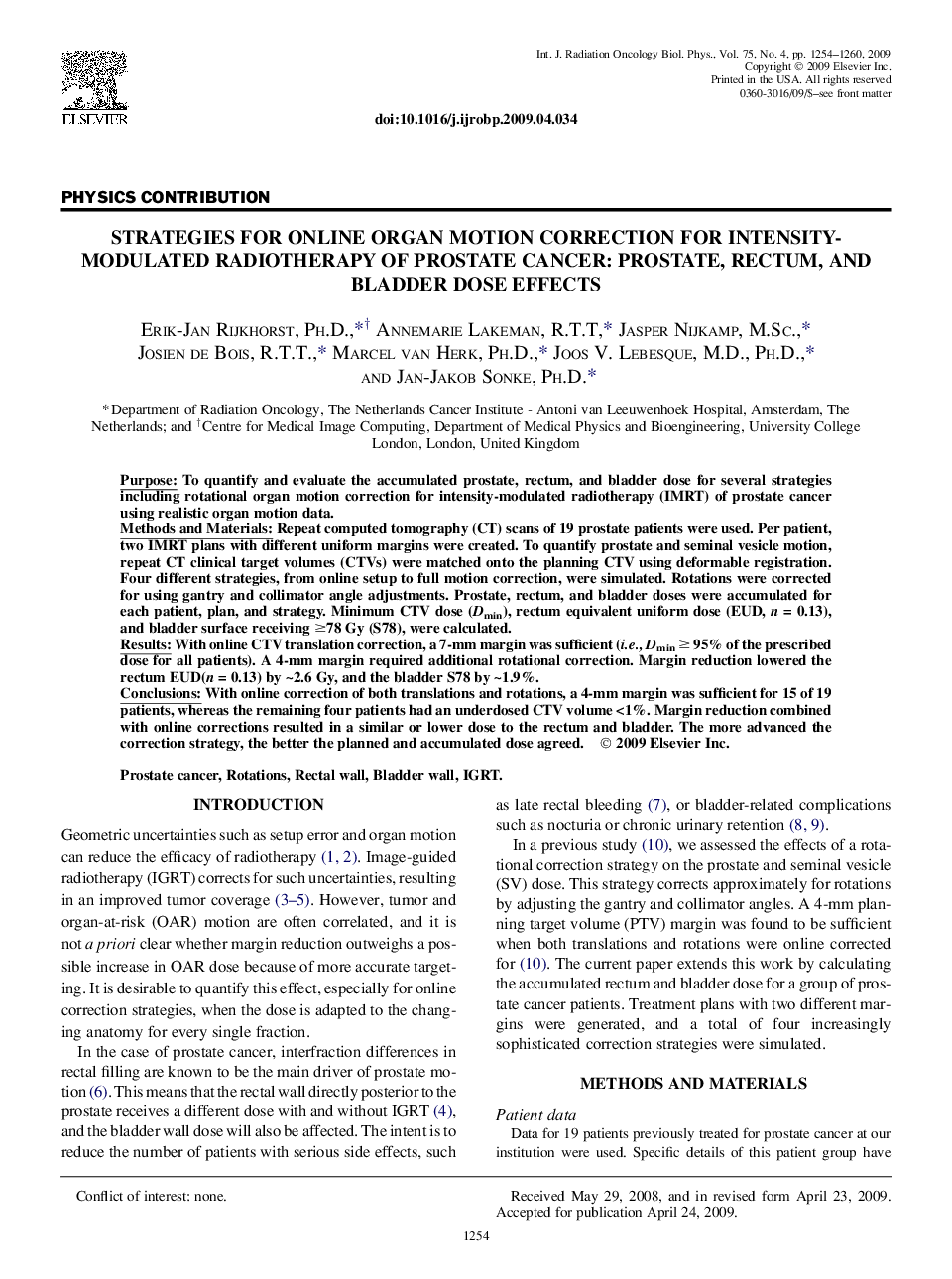 Strategies for Online Organ Motion Correction for Intensity-Modulated Radiotherapy of Prostate Cancer: Prostate, Rectum, and Bladder Dose Effects