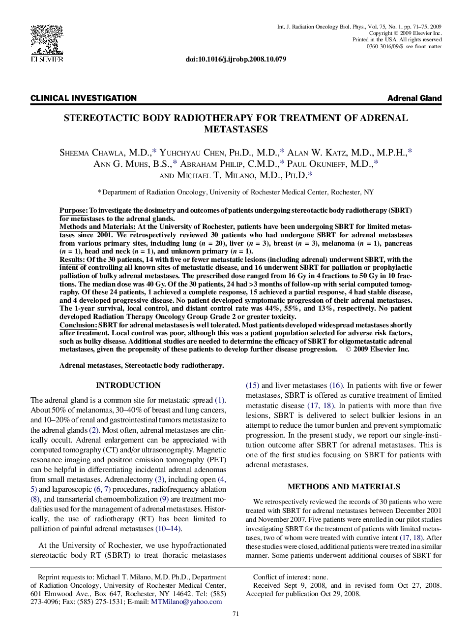 Stereotactic Body Radiotherapy for Treatment of Adrenal Metastases