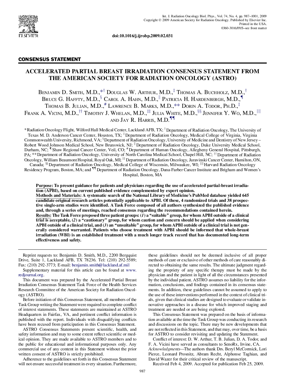 Accelerated Partial Breast Irradiation Consensus Statement From the American Society for Radiation Oncology (ASTRO)