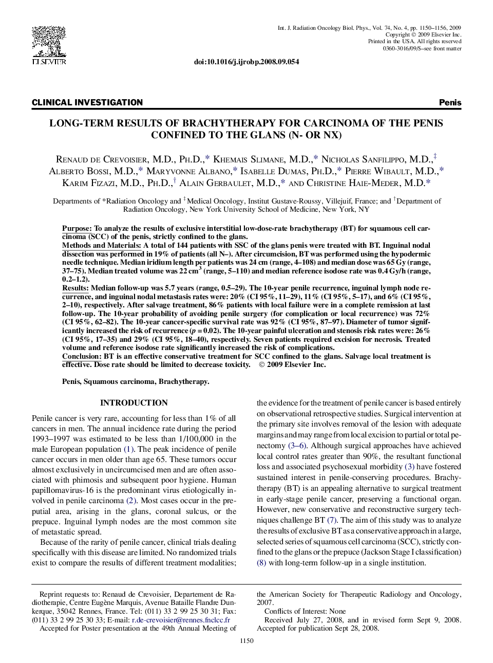 Long-Term Results of Brachytherapy for Carcinoma of the Penis Confined to the Glans (N- or NX)