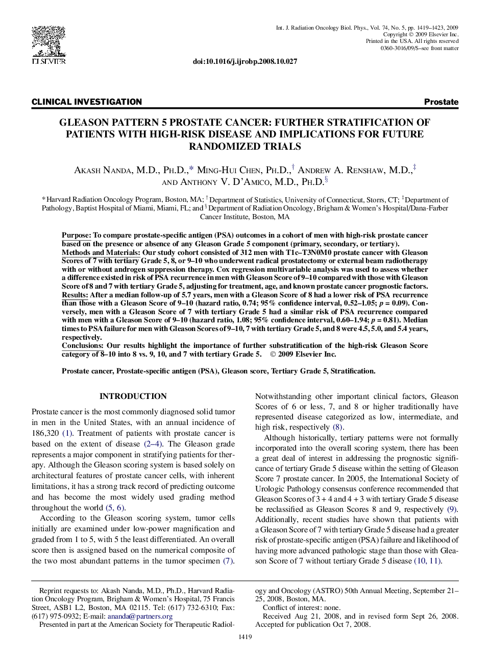 Gleason Pattern 5 Prostate Cancer: Further Stratification of Patients With High-Risk Disease and Implications for Future Randomized Trials