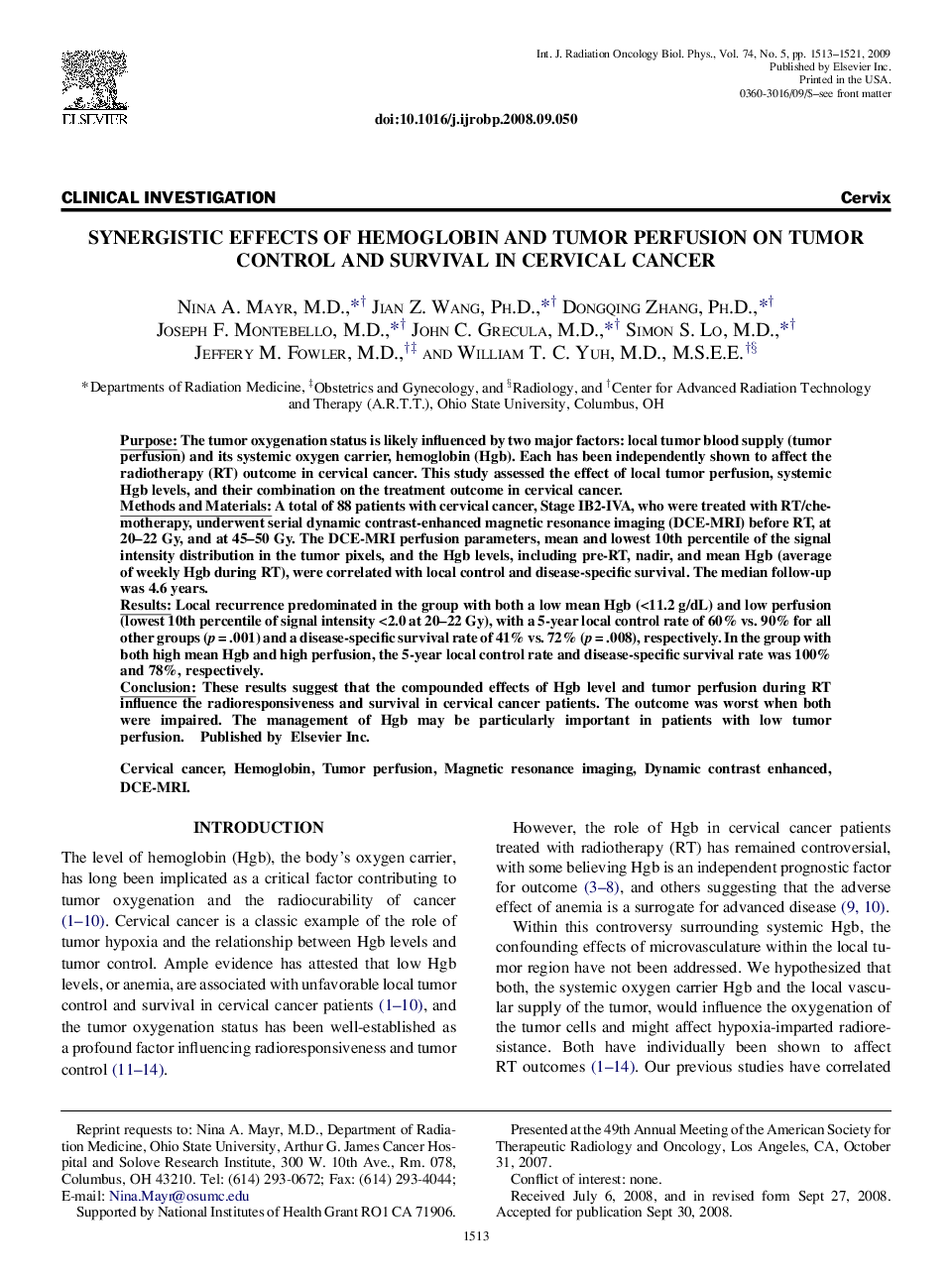 Synergistic Effects of Hemoglobin and Tumor Perfusion on Tumor Control and Survival in Cervical Cancer