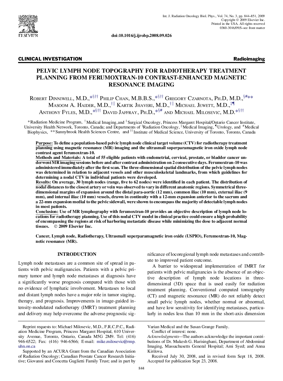 Pelvic Lymph Node Topography for Radiotherapy Treatment Planning From Ferumoxtran-10 Contrast-Enhanced Magnetic Resonance Imaging