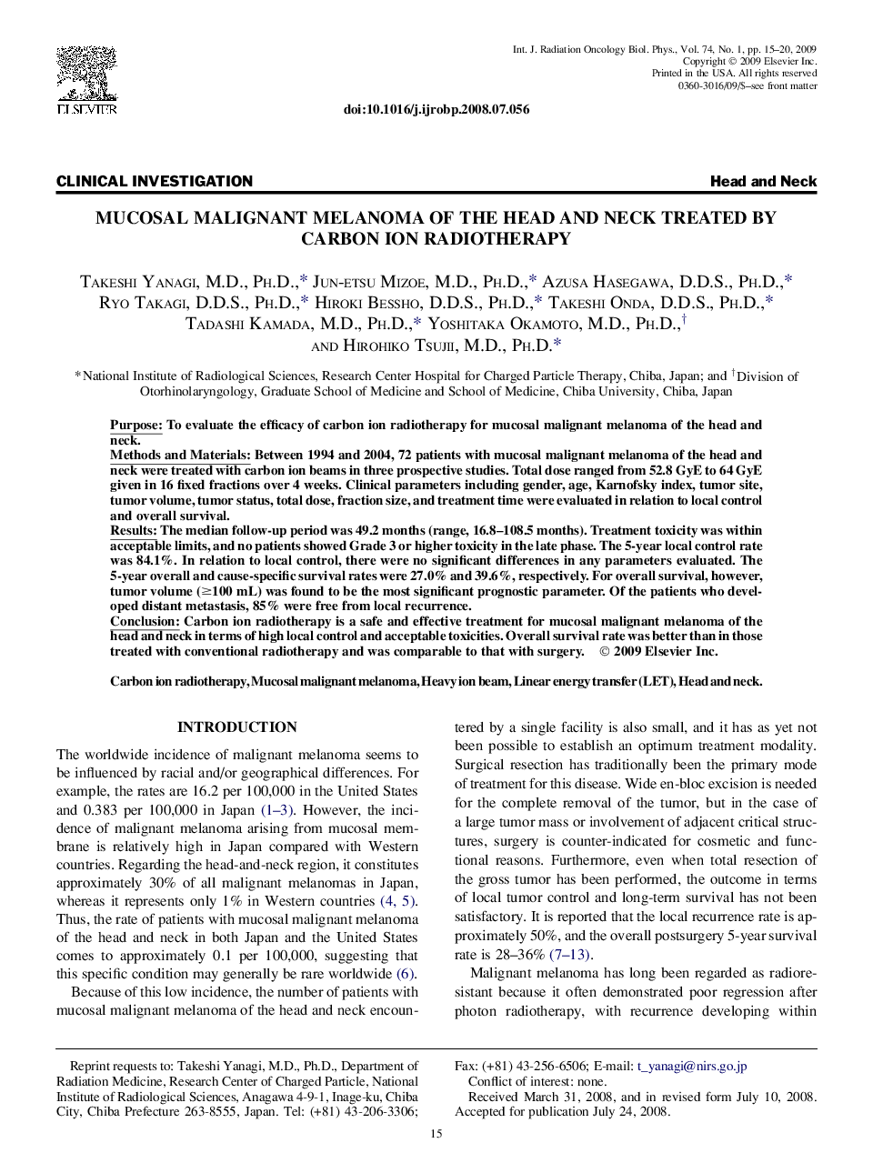 Mucosal Malignant Melanoma of the Head and Neck Treated by Carbon Ion Radiotherapy