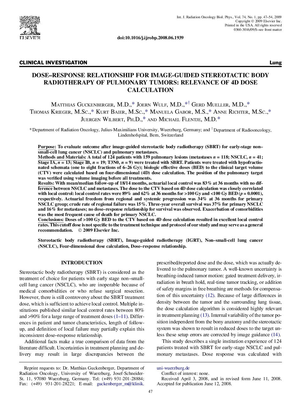 Dose-Response Relationship for Image-Guided Stereotactic Body Radiotherapy of Pulmonary Tumors: Relevance of 4D Dose Calculation