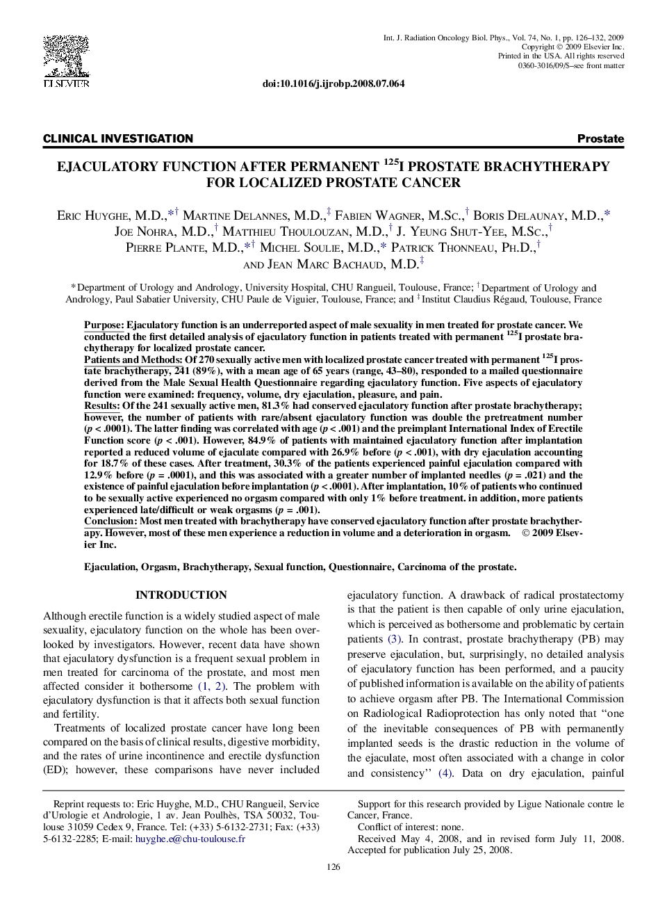 Ejaculatory Function After Permanent 125I Prostate Brachytherapy for Localized Prostate Cancer