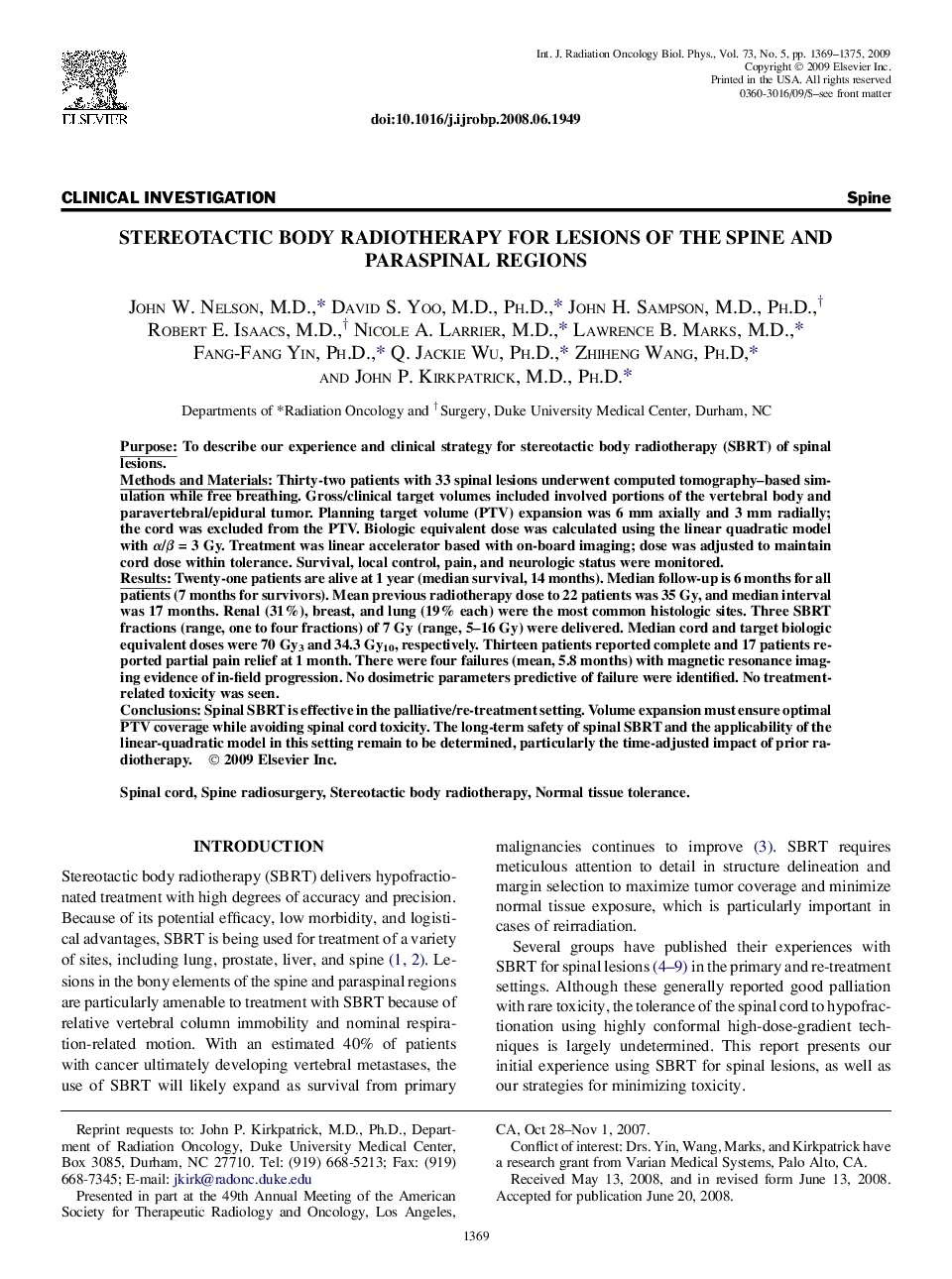 Stereotactic Body Radiotherapy for Lesions of the Spine and Paraspinal Regions