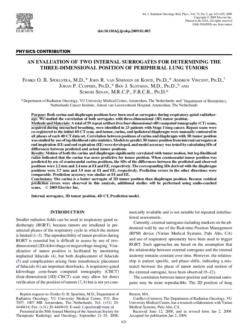 An Evaluation of Two Internal Surrogates for Determining the Three-Dimensional Position of Peripheral Lung Tumors