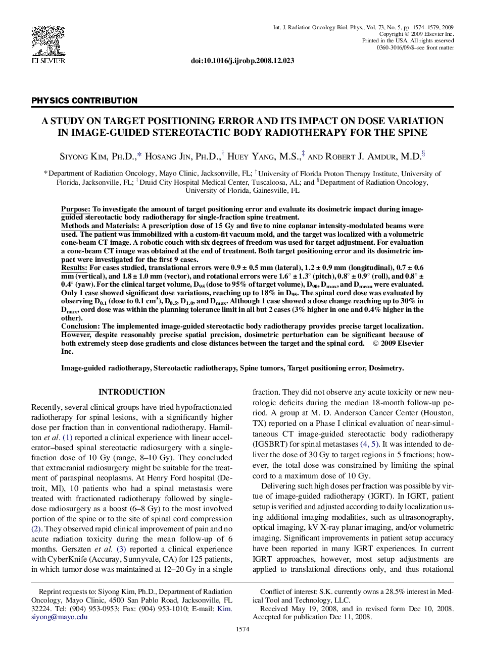 A Study on Target Positioning Error and Its Impact on Dose Variation in Image-Guided Stereotactic Body Radiotherapy for the Spine