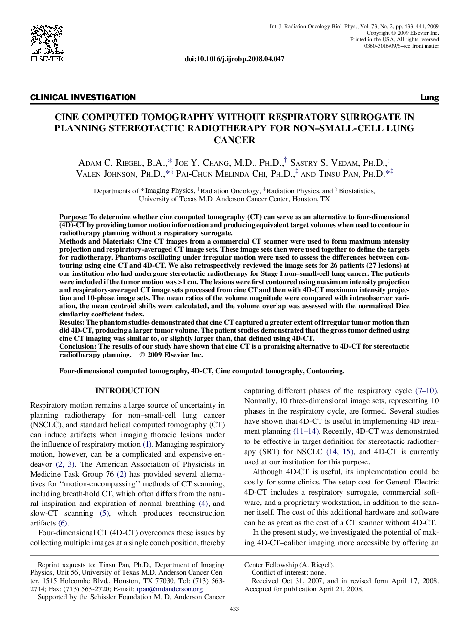 Cine Computed Tomography Without Respiratory Surrogate in Planning Stereotactic Radiotherapy for Non-Small-Cell Lung Cancer