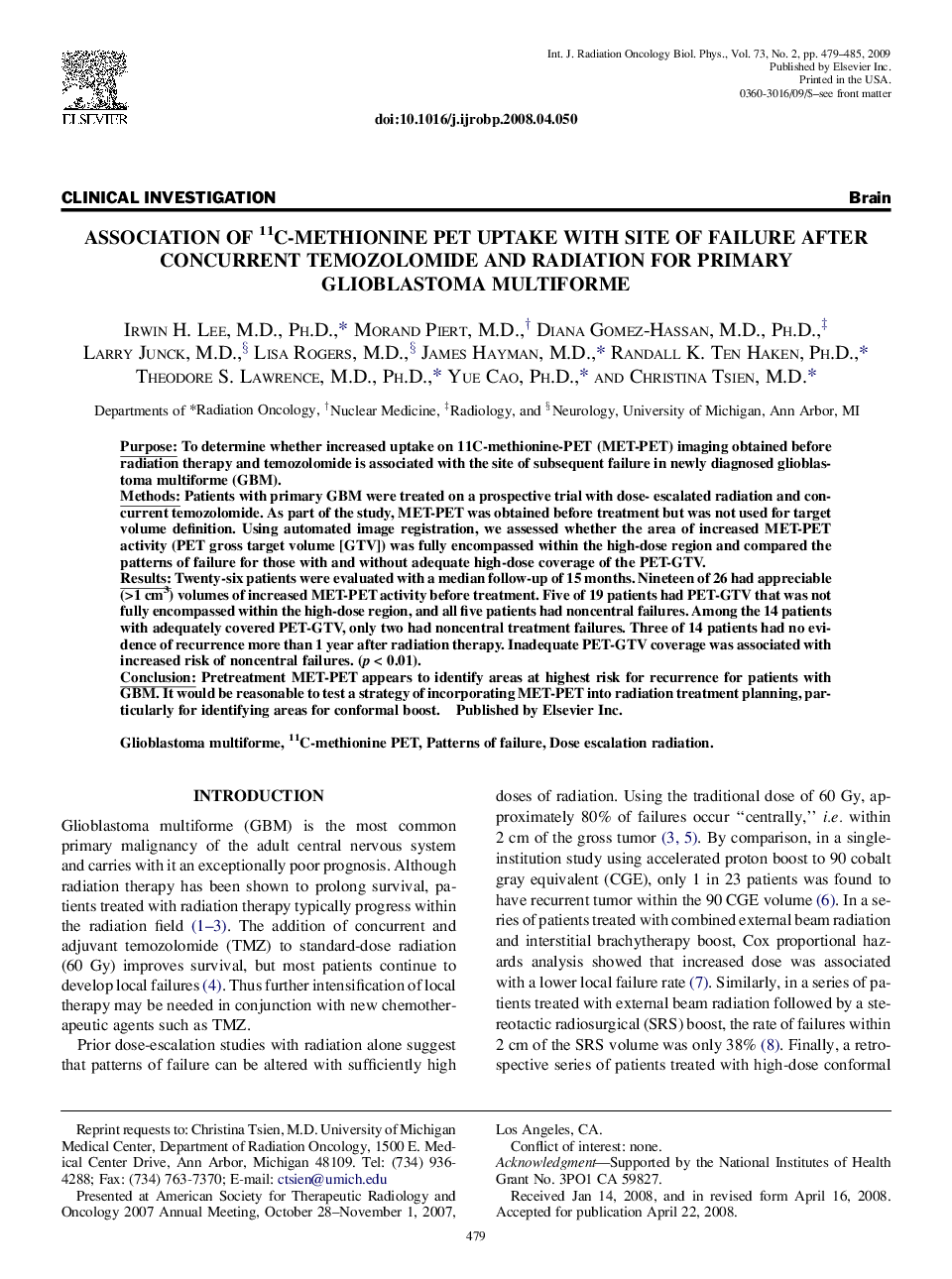 Association of 11C-Methionine PET Uptake With Site of Failure After Concurrent Temozolomide and Radiation for Primary Glioblastoma Multiforme