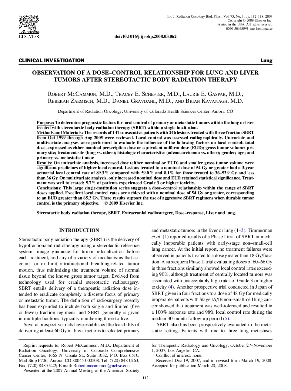 Observation of a Dose-Control Relationship for Lung and Liver Tumors After Stereotactic Body Radiation Therapy