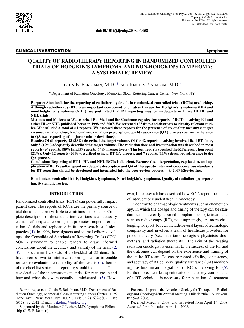 Quality of Radiotherapy Reporting in Randomized Controlled Trials of Hodgkin's Lymphoma and Non-Hodgkin's Lymphoma: A Systematic Review