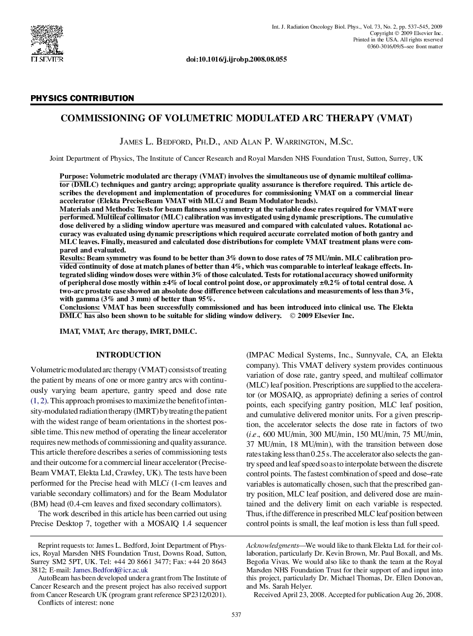 Commissioning of Volumetric Modulated Arc Therapy (VMAT)