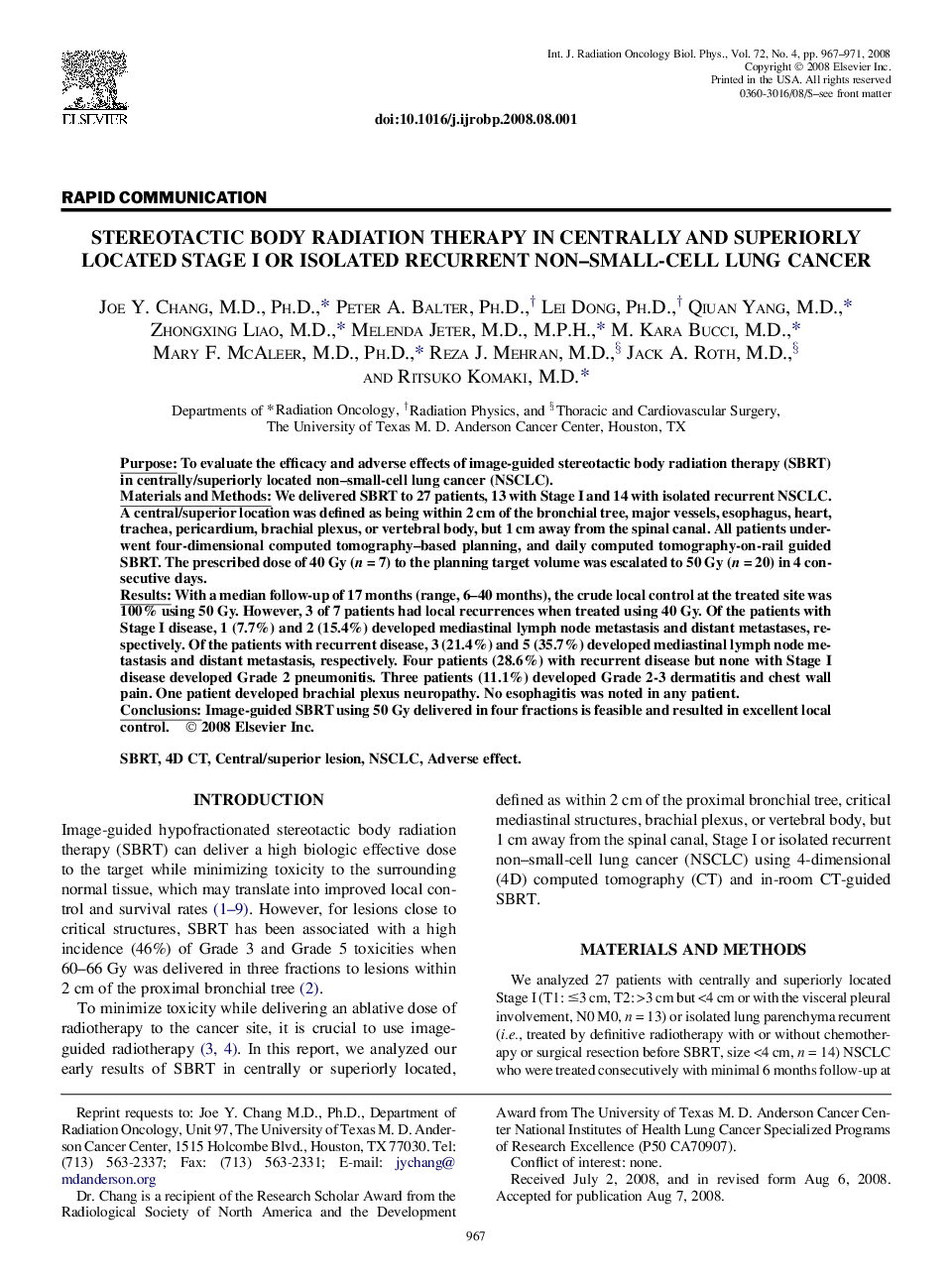 Stereotactic Body Radiation Therapy in Centrally and Superiorly Located Stage I or Isolated Recurrent Non-Small-Cell Lung Cancer