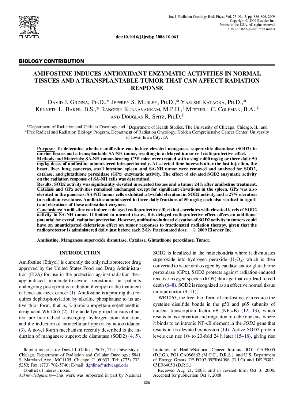 Amifostine Induces Antioxidant Enzymatic Activities in Normal Tissues and a Transplantable Tumor That Can Affect Radiation Response