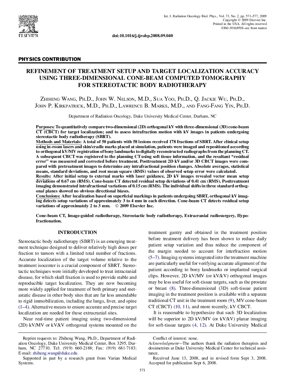 Refinement of Treatment Setup and Target Localization Accuracy Using Three-Dimensional Cone-Beam Computed Tomography for Stereotactic Body Radiotherapy