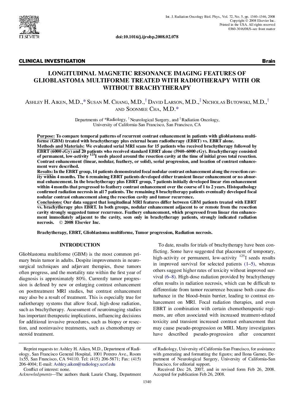 Longitudinal Magnetic Resonance Imaging Features of Glioblastoma Multiforme Treated With Radiotherapy With or Without Brachytherapy