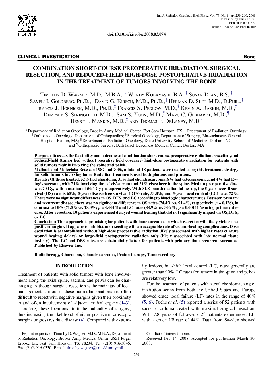 Combination Short-Course Preoperative Irradiation, Surgical Resection, and Reduced-Field High-Dose Postoperative Irradiation in the Treatment of Tumors Involving the Bone