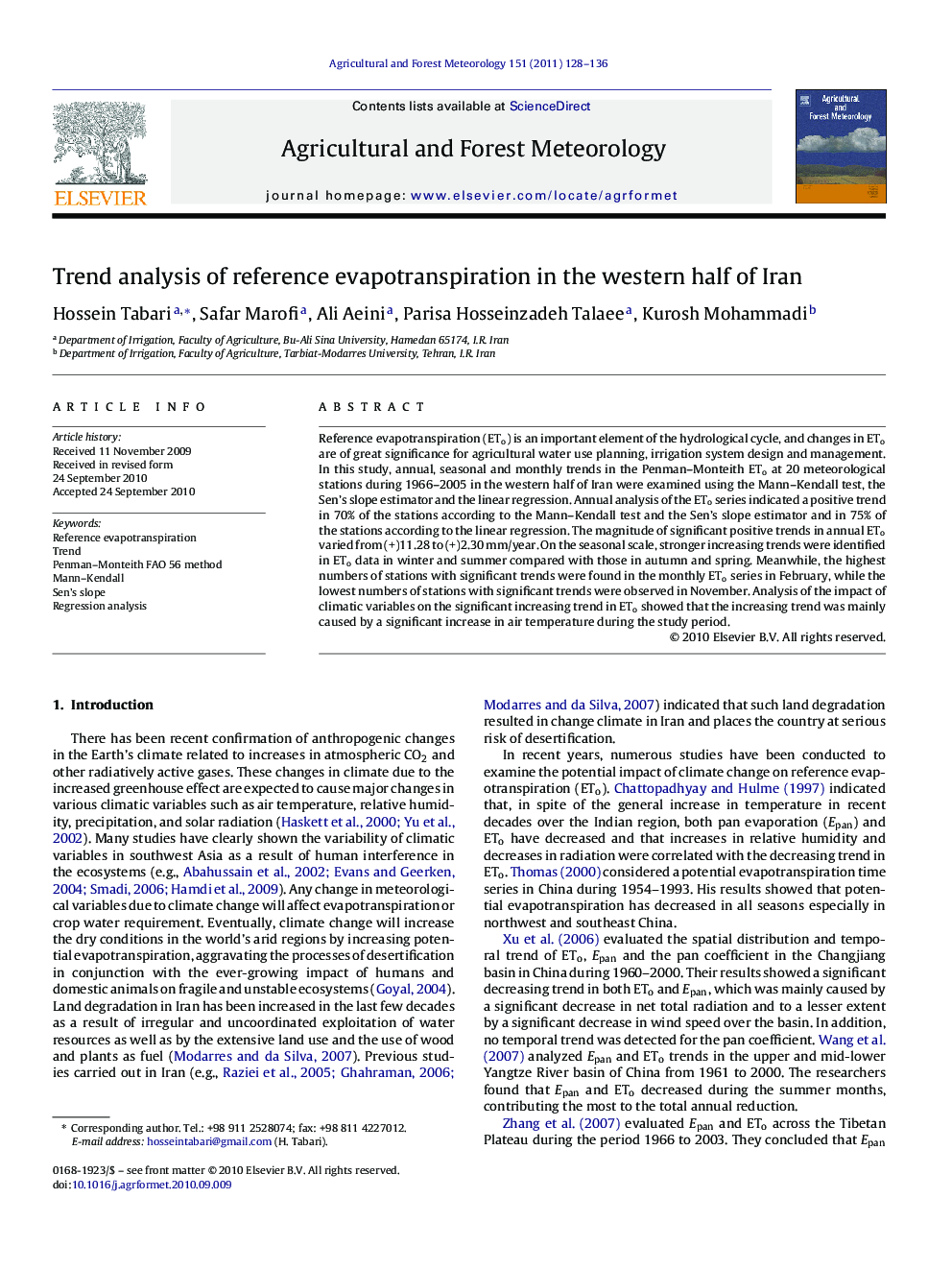 Trend analysis of reference evapotranspiration in the western half of Iran