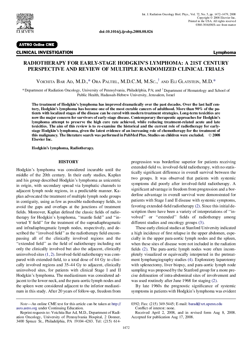 Radiotherapy for Early-Stage Hodgkin's Lymphoma: A 21st Century Perspective and Review of Multiple Randomized Clinical Trials