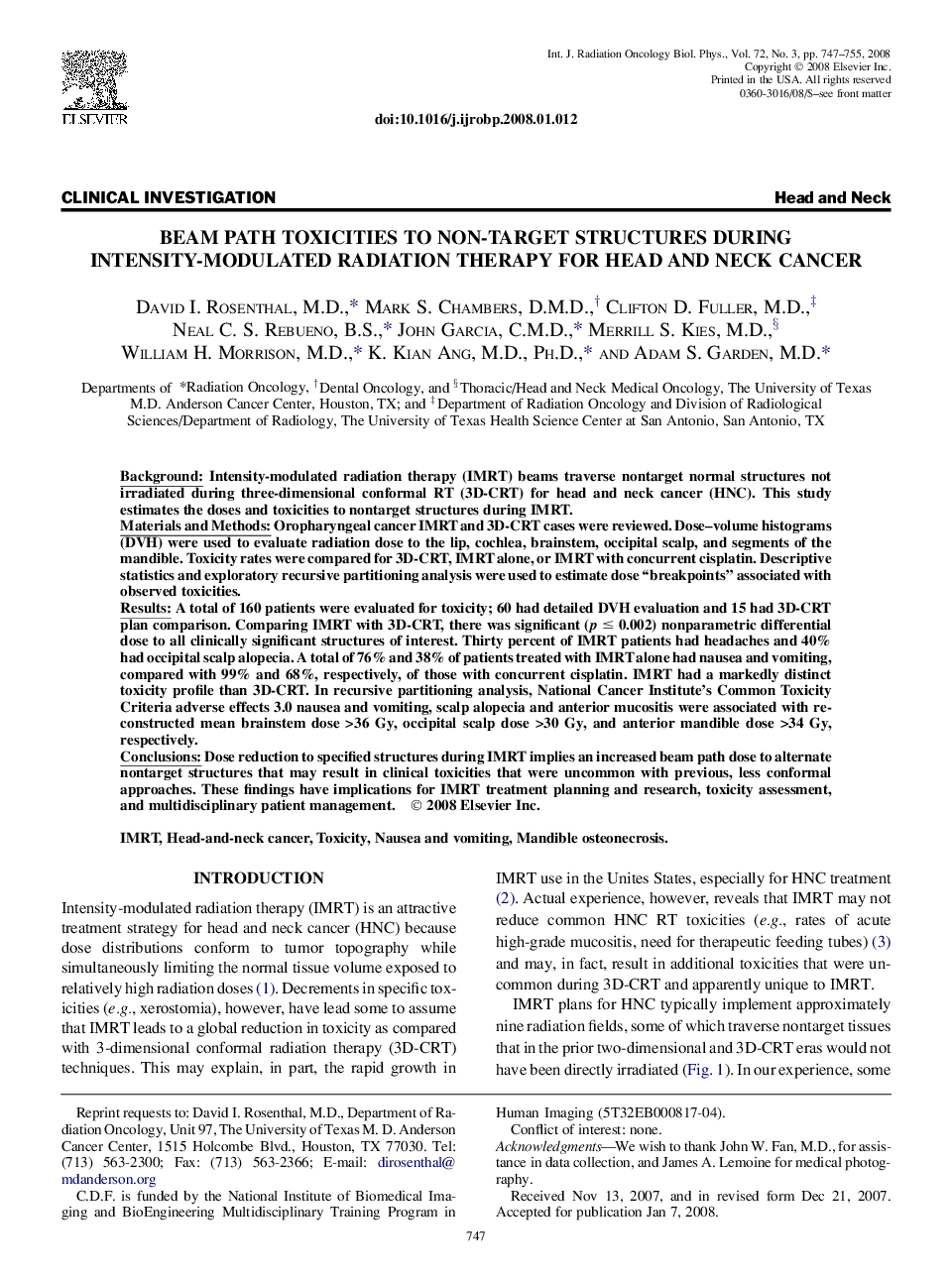 Beam Path Toxicities to Non-Target Structures During Intensity-Modulated Radiation Therapy for Head and Neck Cancer