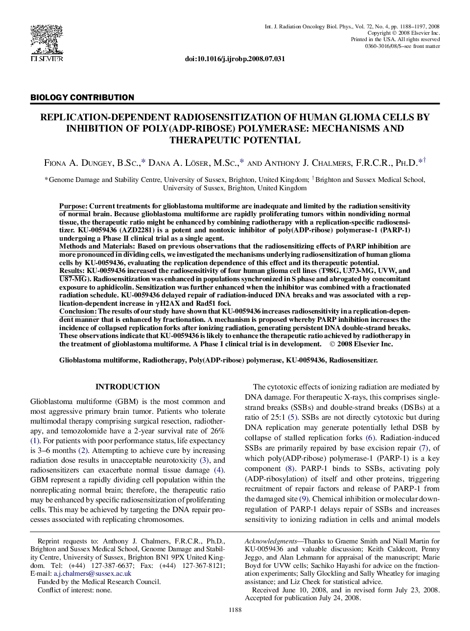 Replication-Dependent Radiosensitization of Human Glioma Cells by Inhibition of Poly(ADP-Ribose) Polymerase: Mechanisms and Therapeutic Potential