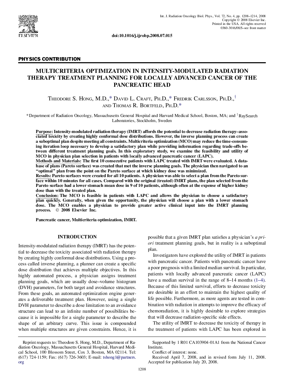 Multicriteria Optimization in Intensity-Modulated Radiation Therapy Treatment Planning for Locally Advanced Cancer of the Pancreatic Head