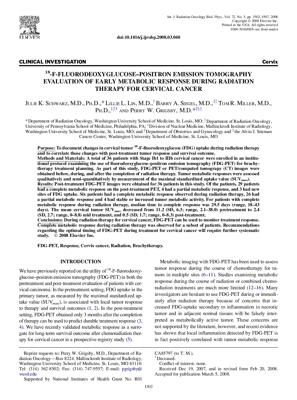 18-F-Fluorodeoxyglucose-Positron Emission Tomography Evaluation of Early Metabolic Response During Radiation Therapy for Cervical Cancer