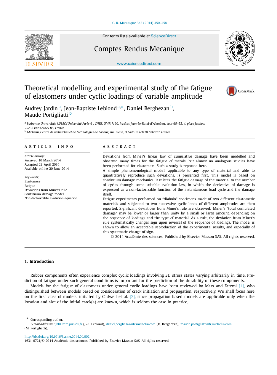 Theoretical modelling and experimental study of the fatigue of elastomers under cyclic loadings of variable amplitude