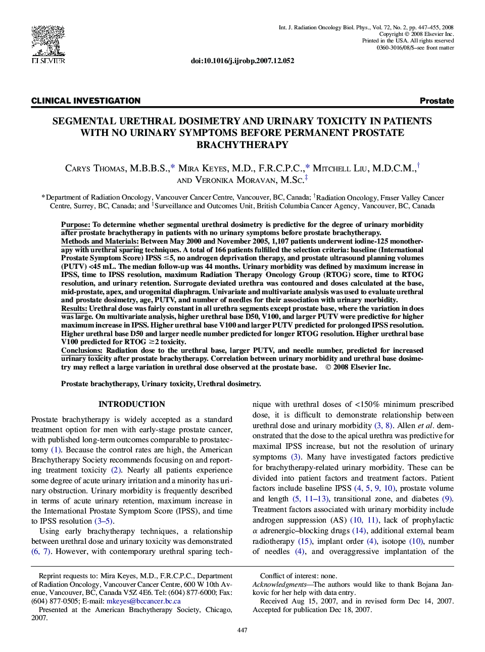 Segmental Urethral Dosimetry and Urinary Toxicity in Patients With No Urinary Symptoms Before Permanent Prostate Brachytherapy