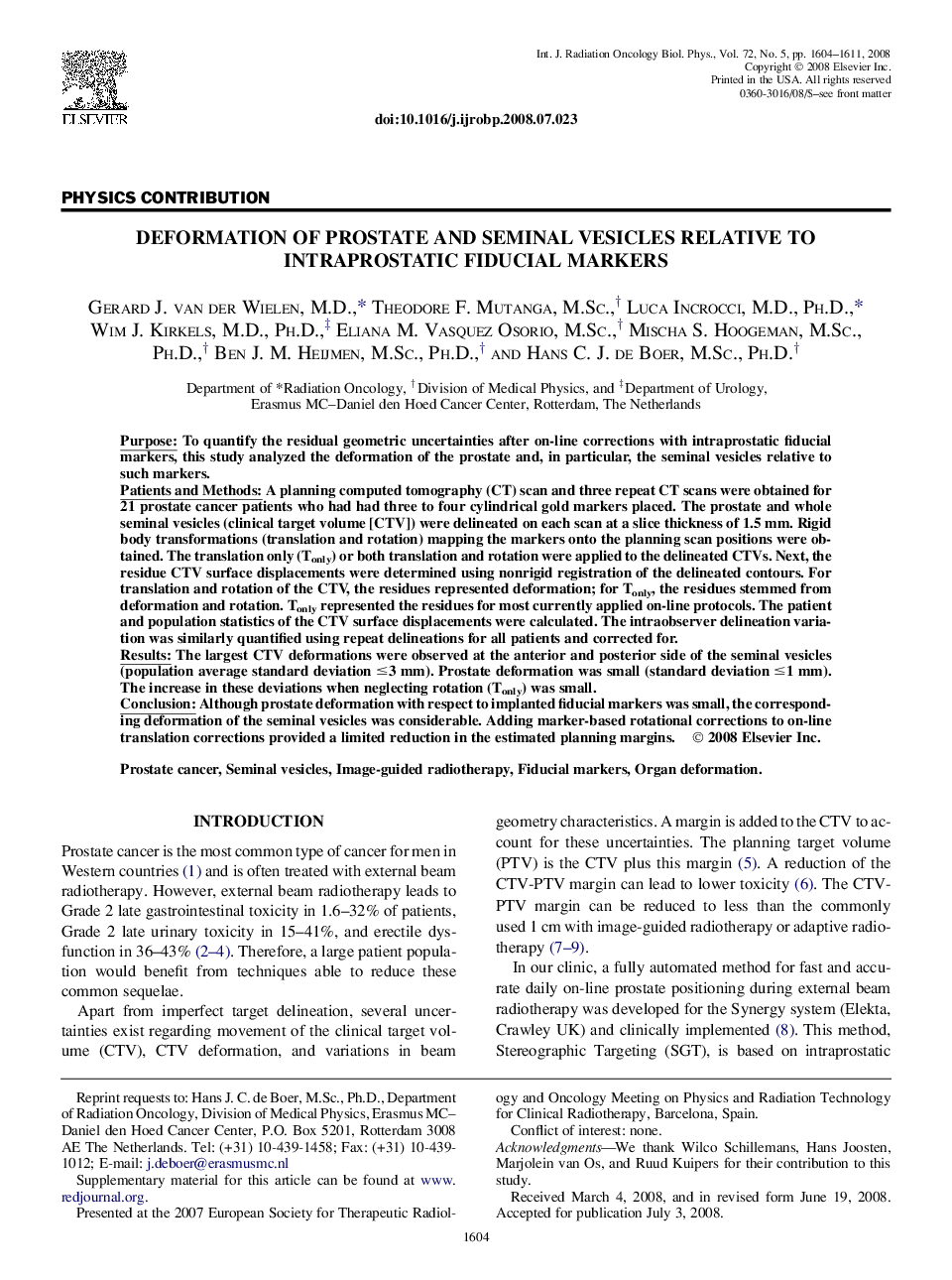 Deformation of Prostate and Seminal Vesicles Relative to Intraprostatic Fiducial Markers