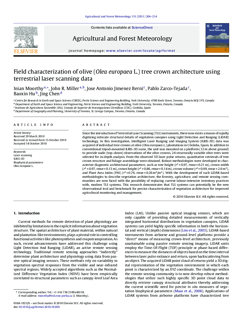 Field characterization of olive (Olea europaea L.) tree crown architecture using terrestrial laser scanning data