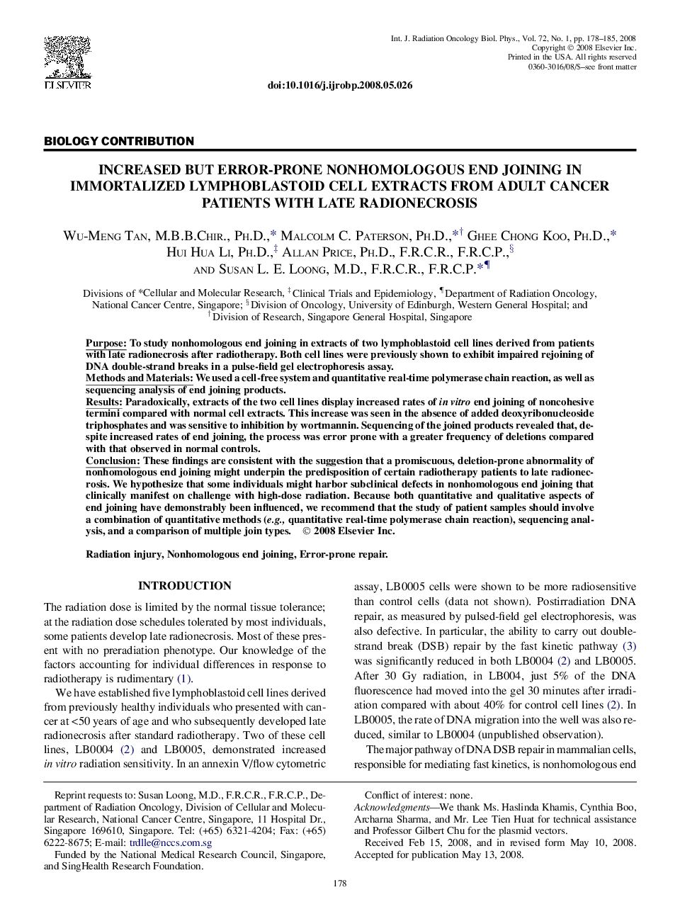 Increased But Error-Prone Nonhomologous End Joining in Immortalized Lymphoblastoid Cell Extracts From Adult Cancer Patients With Late Radionecrosis