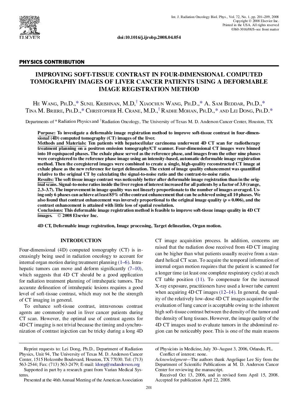 Improving Soft-Tissue Contrast in Four-Dimensional Computed Tomography Images of Liver Cancer Patients Using a Deformable Image Registration Method