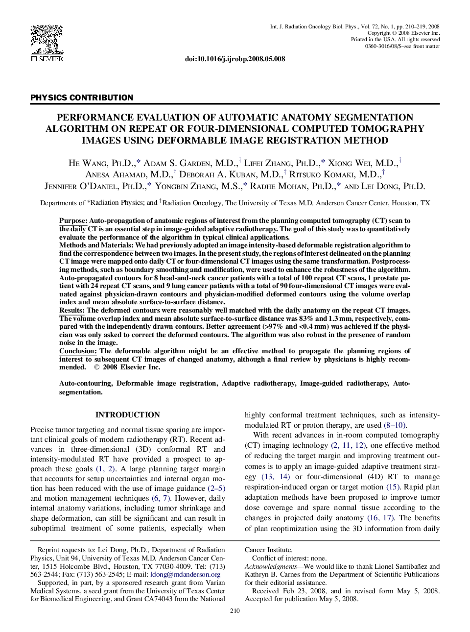 Performance Evaluation of Automatic Anatomy Segmentation Algorithm on Repeat or Four-Dimensional Computed Tomography Images Using Deformable Image Registration Method