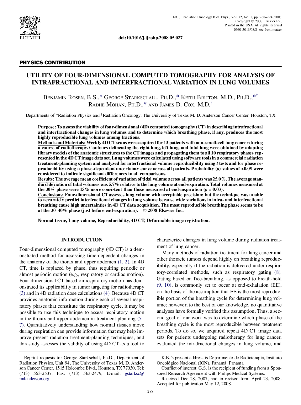 Utility of Four-Dimensional Computed Tomography for Analysis of Intrafractional and Interfractional Variation in Lung Volumes