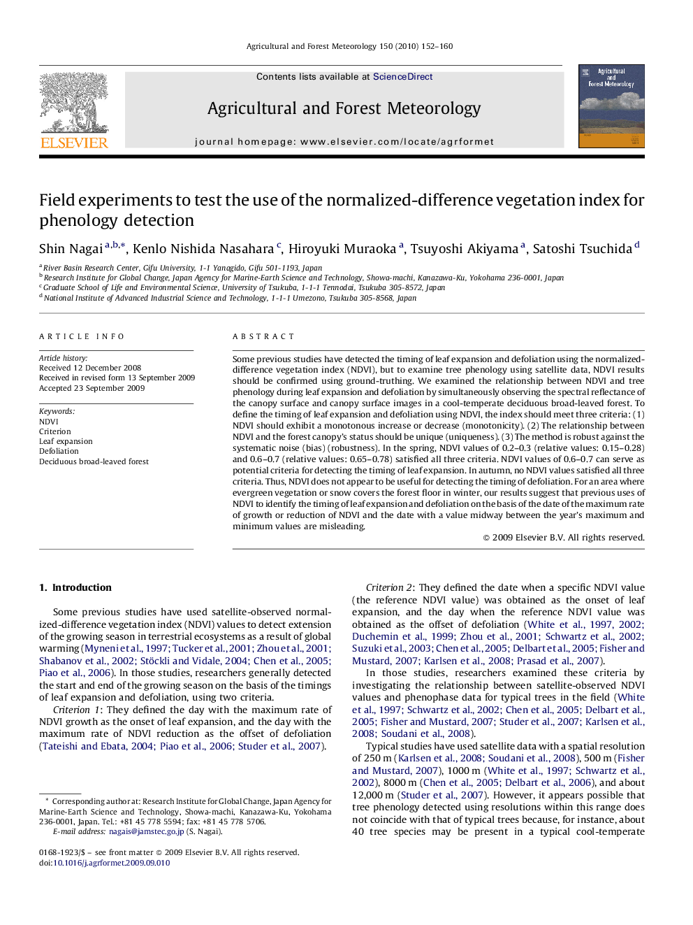 Field experiments to test the use of the normalized-difference vegetation index for phenology detection