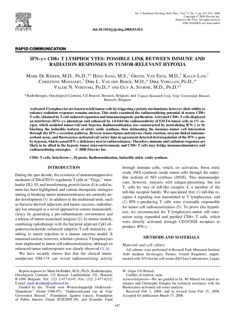 IFN-Î³+ CD8+ T Lymphocytes: Possible Link Between Immune and Radiation Responses in Tumor-Relevant Hypoxia