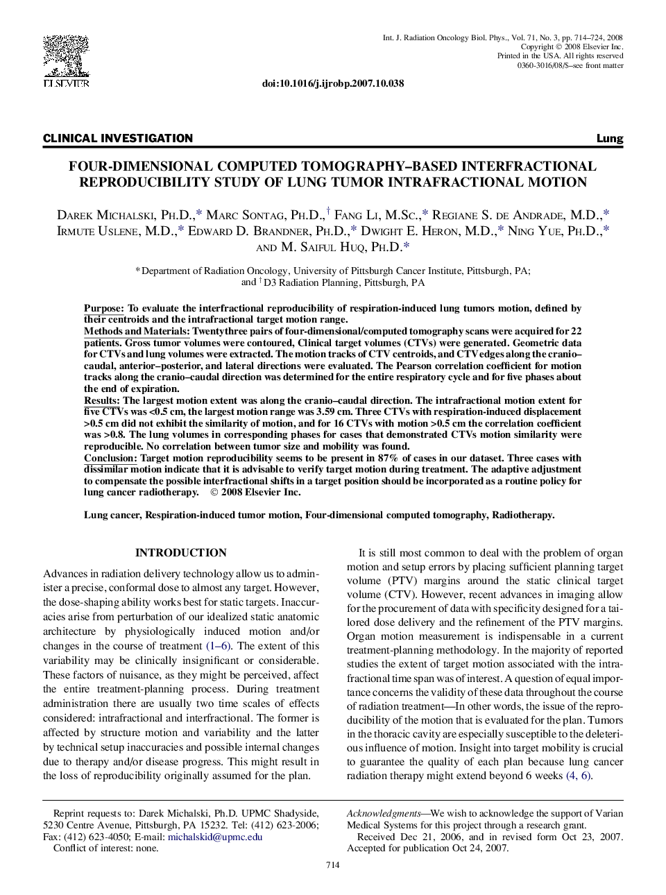 Four-Dimensional Computed Tomography-Based Interfractional Reproducibility Study of Lung Tumor Intrafractional Motion