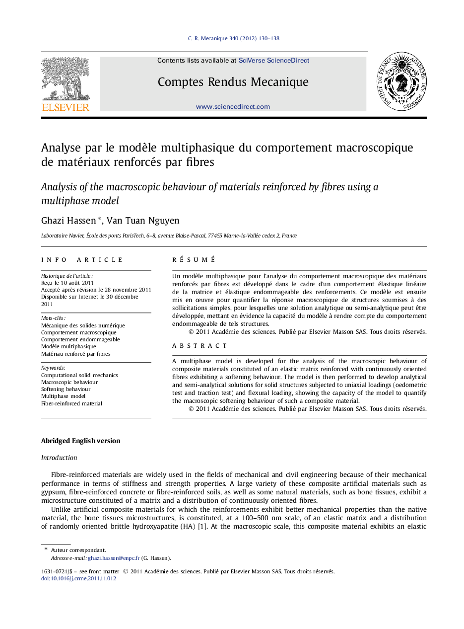 Analyse par le modèle multiphasique du comportement macroscopique de matériaux renforcés par fibres