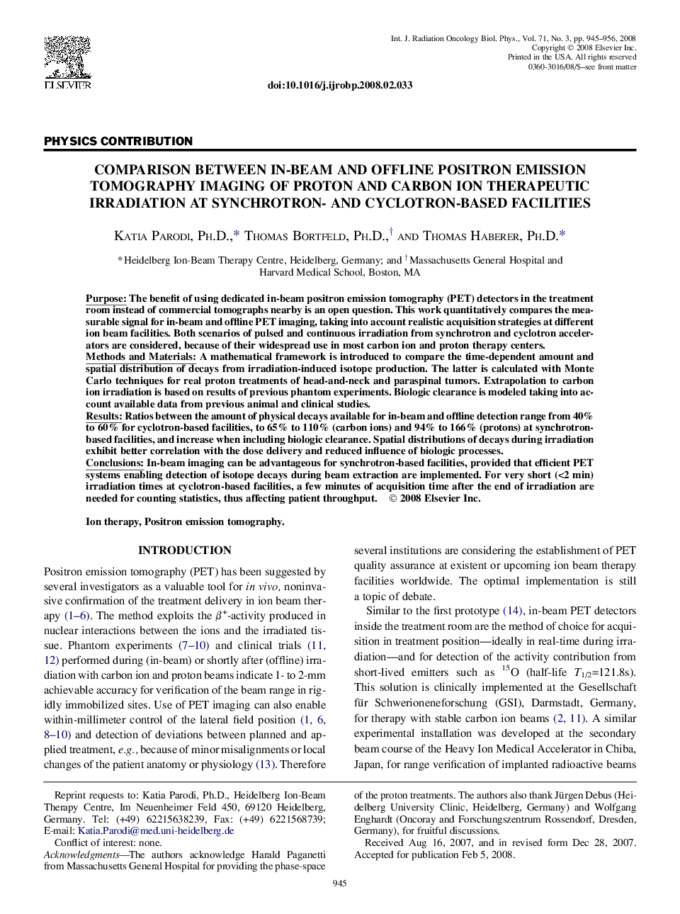 عکس صفحه اول مقاله: Comparison Between In-Beam and Offline Positron Emission Tomography Imaging of Proton and Carbon Ion Therapeutic Irradiation at Synchrotron- and Cyclotron-Based Facilities Comparison Between In-Beam and Offline Positron Emission Tomography Imaging of Proton and Carbon Ion Therapeutic Irradiation at Synchrotron- and Cyclotron-Based Facilities