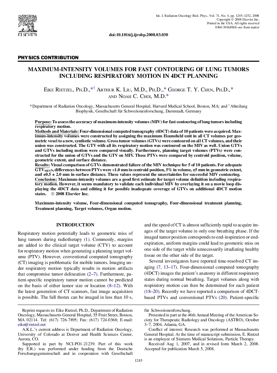 Maximum-Intensity Volumes for Fast Contouring of Lung Tumors Including Respiratory Motion in 4DCT Planning