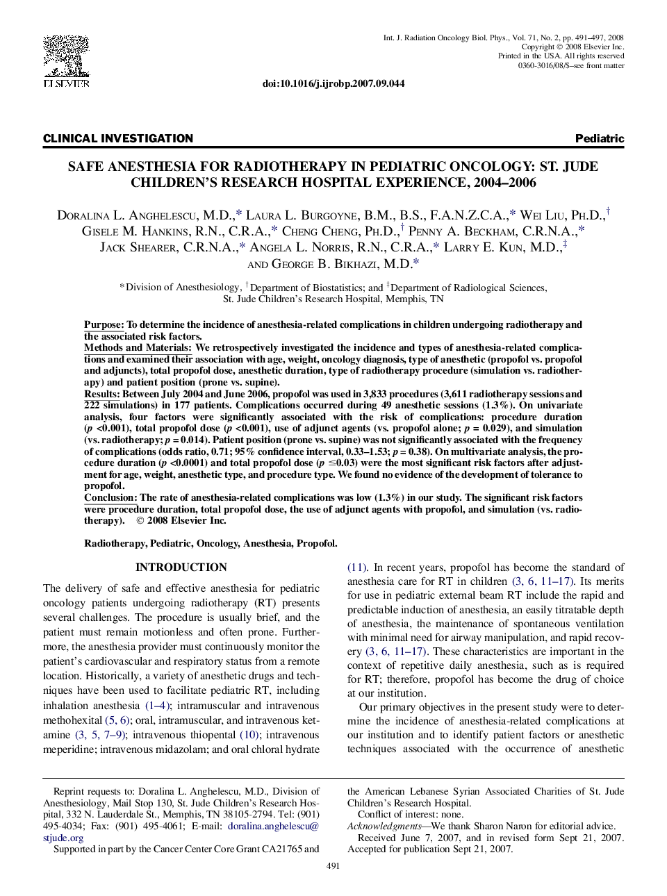 Safe Anesthesia for Radiotherapy in Pediatric Oncology: St. Jude Children's Research Hospital Experience, 2004-2006