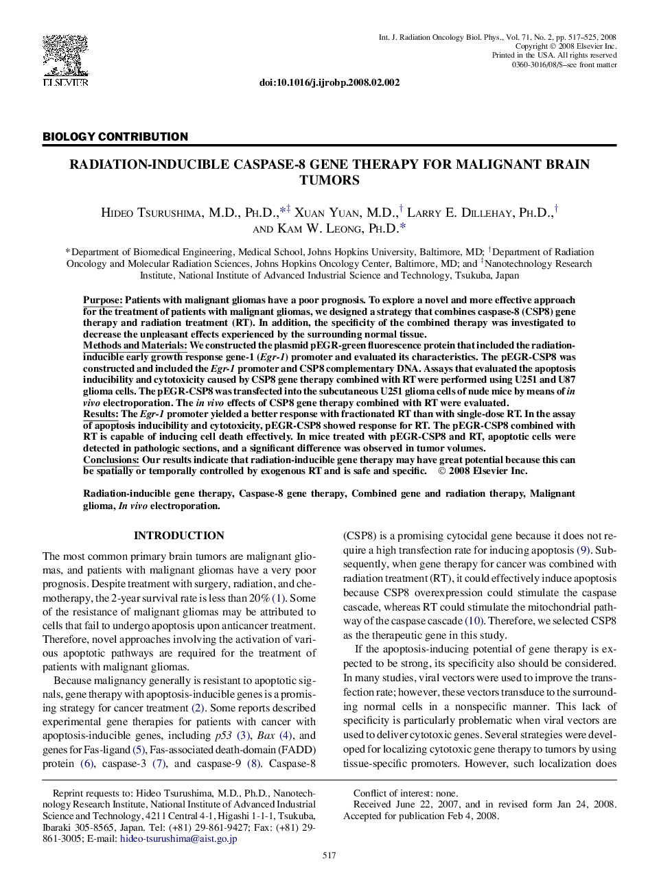 Radiation-Inducible Caspase-8 Gene Therapy for Malignant Brain Tumors