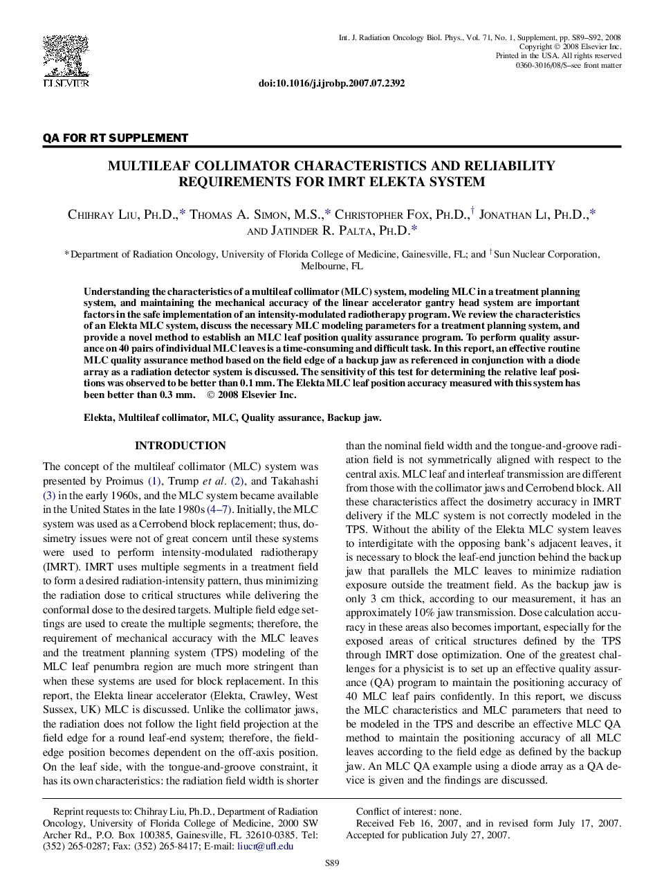 Multileaf Collimator Characteristics and Reliability Requirements for IMRT Elekta System