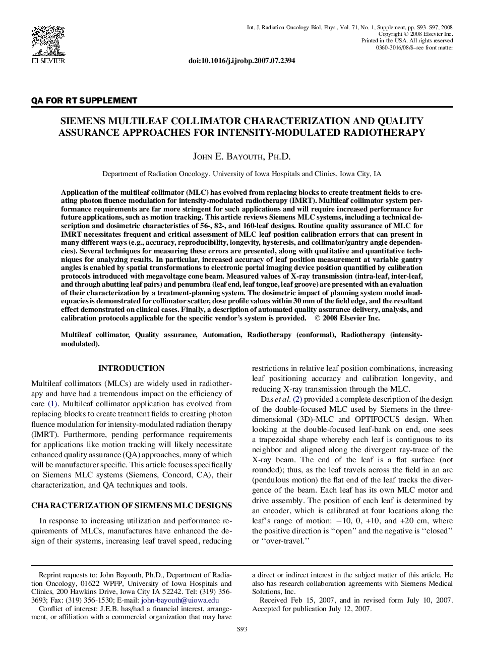 Siemens Multileaf Collimator Characterization and Quality Assurance Approaches for Intensity-Modulated Radiotherapy