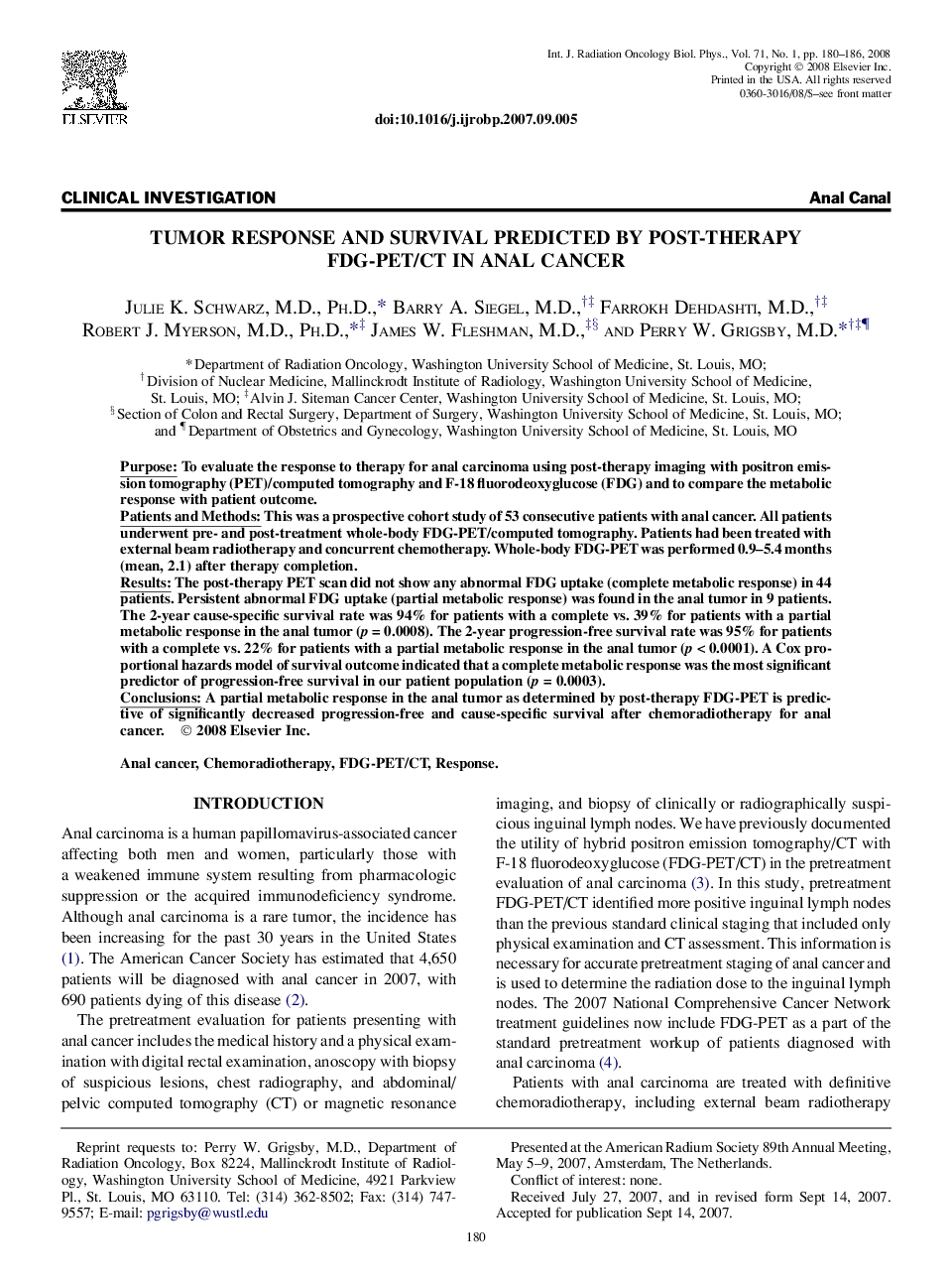 Tumor Response and Survival Predicted by Post-Therapy FDG-PET/CT in Anal Cancer